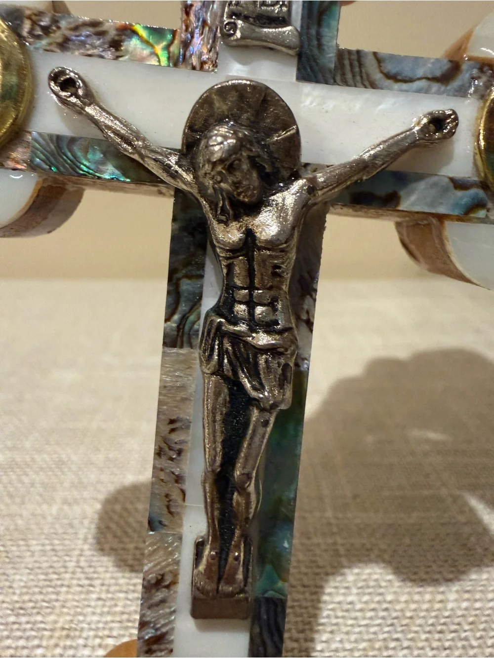 Vintage Jerusalem Olive Wood Mother of Pearl Abalone Crucifix Relic Wall Cross